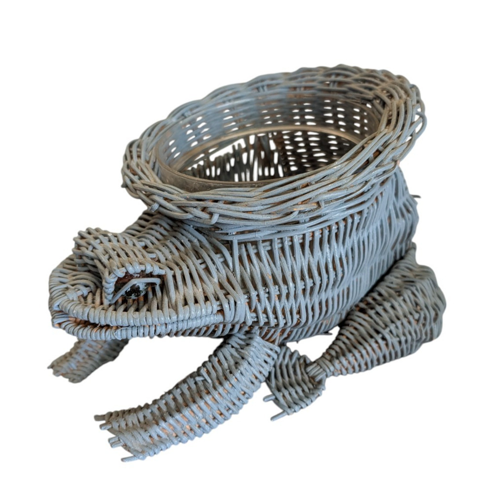 Vintage Wicker Frog Basket Planter with Marble Eyes Blue Cottagecore Farm Small